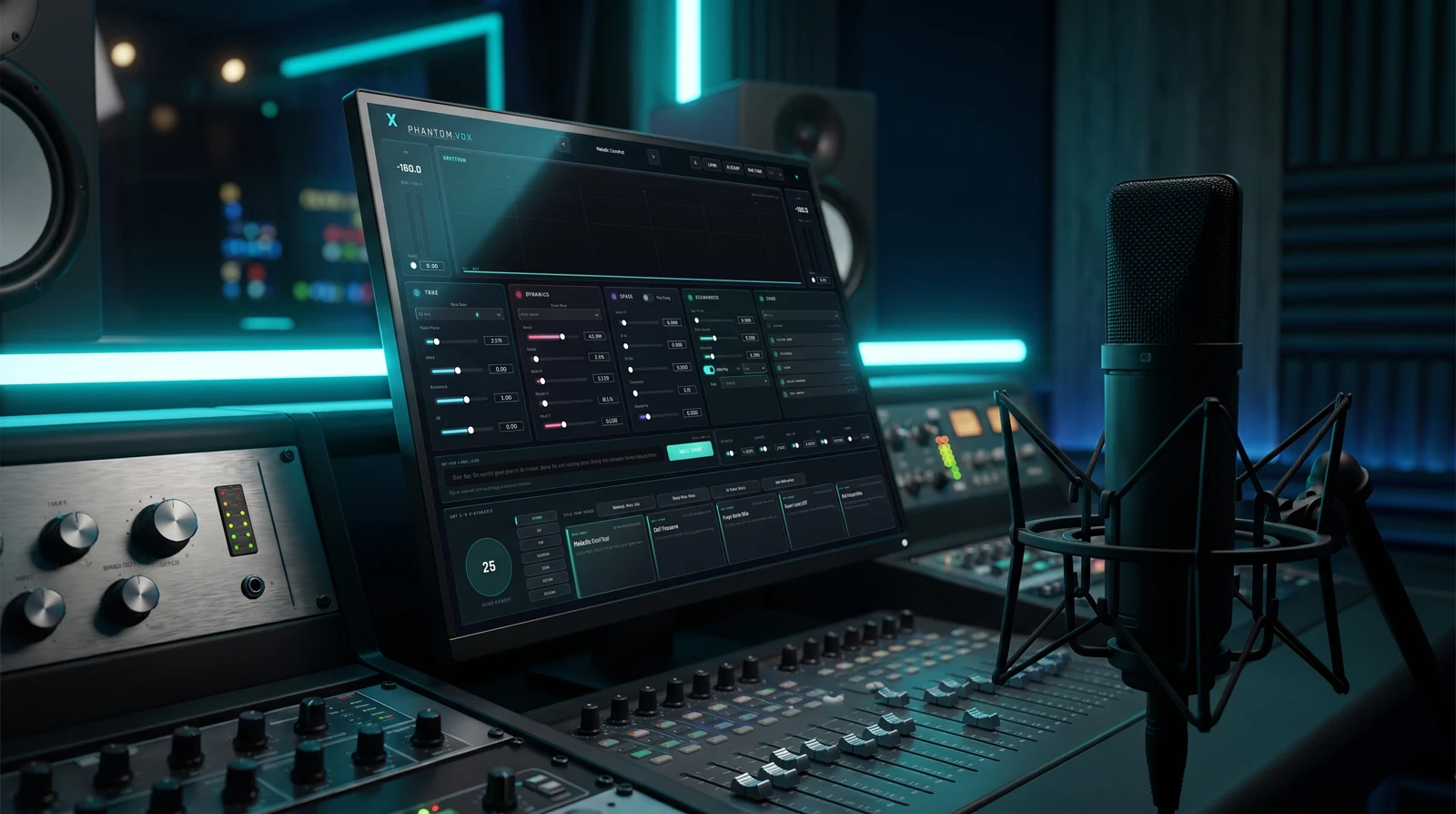 Phantom Vocal AI plugin interface on a studio display beside a condenser microphone