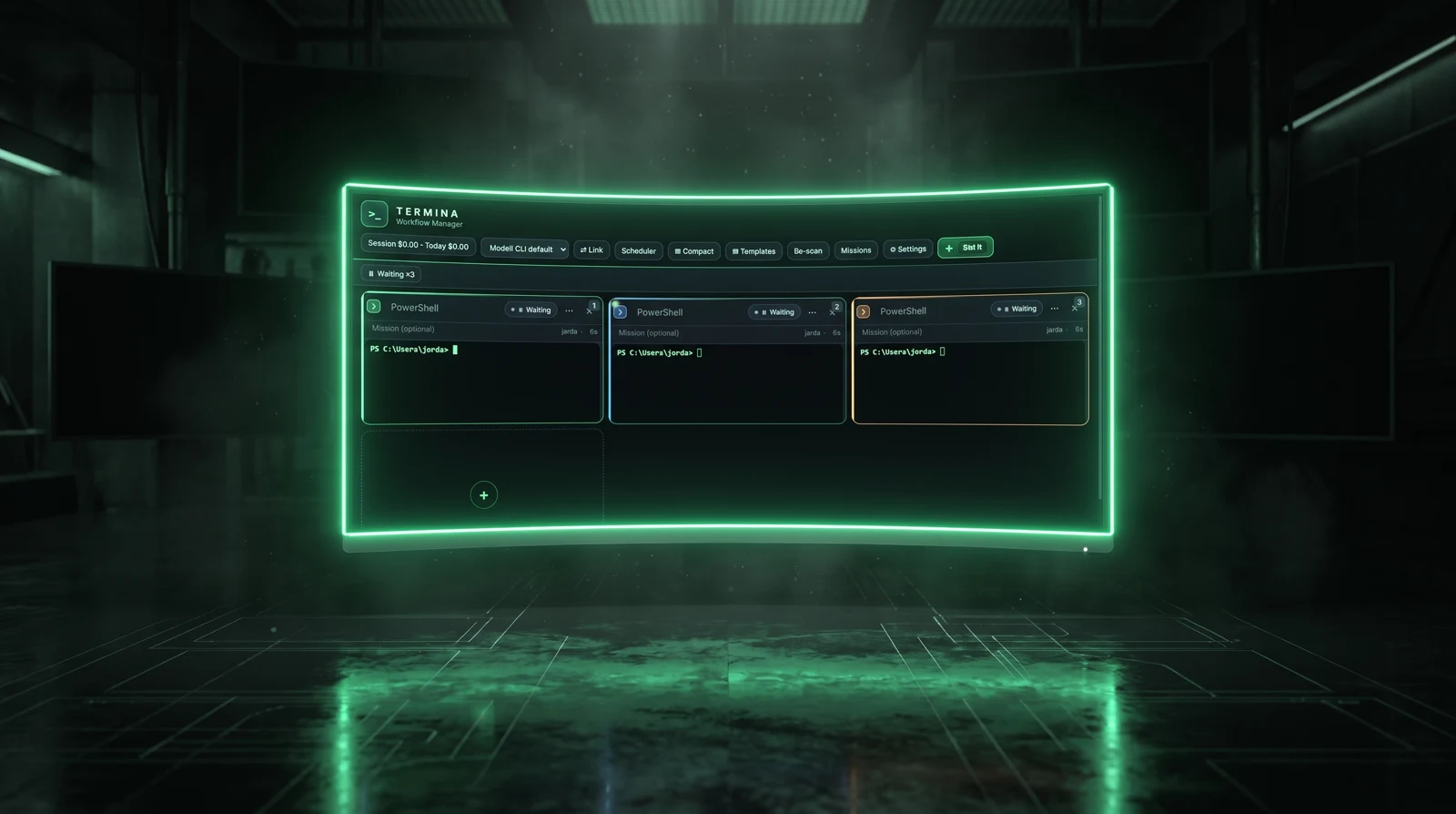 Termina terminal wall running three PowerShell workers on a neon-green command monitor